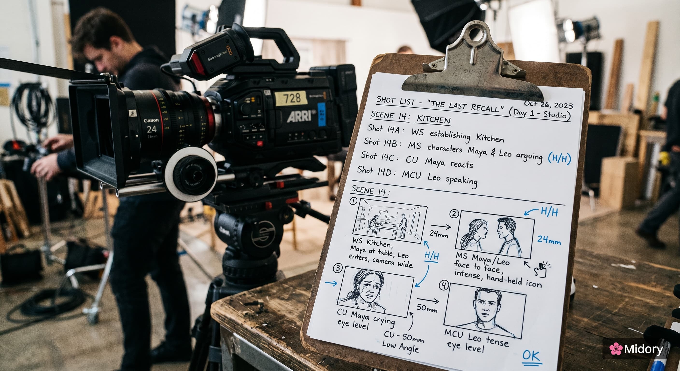 Handwritten shot list and storyboard on a clipboard with camera and lens in background