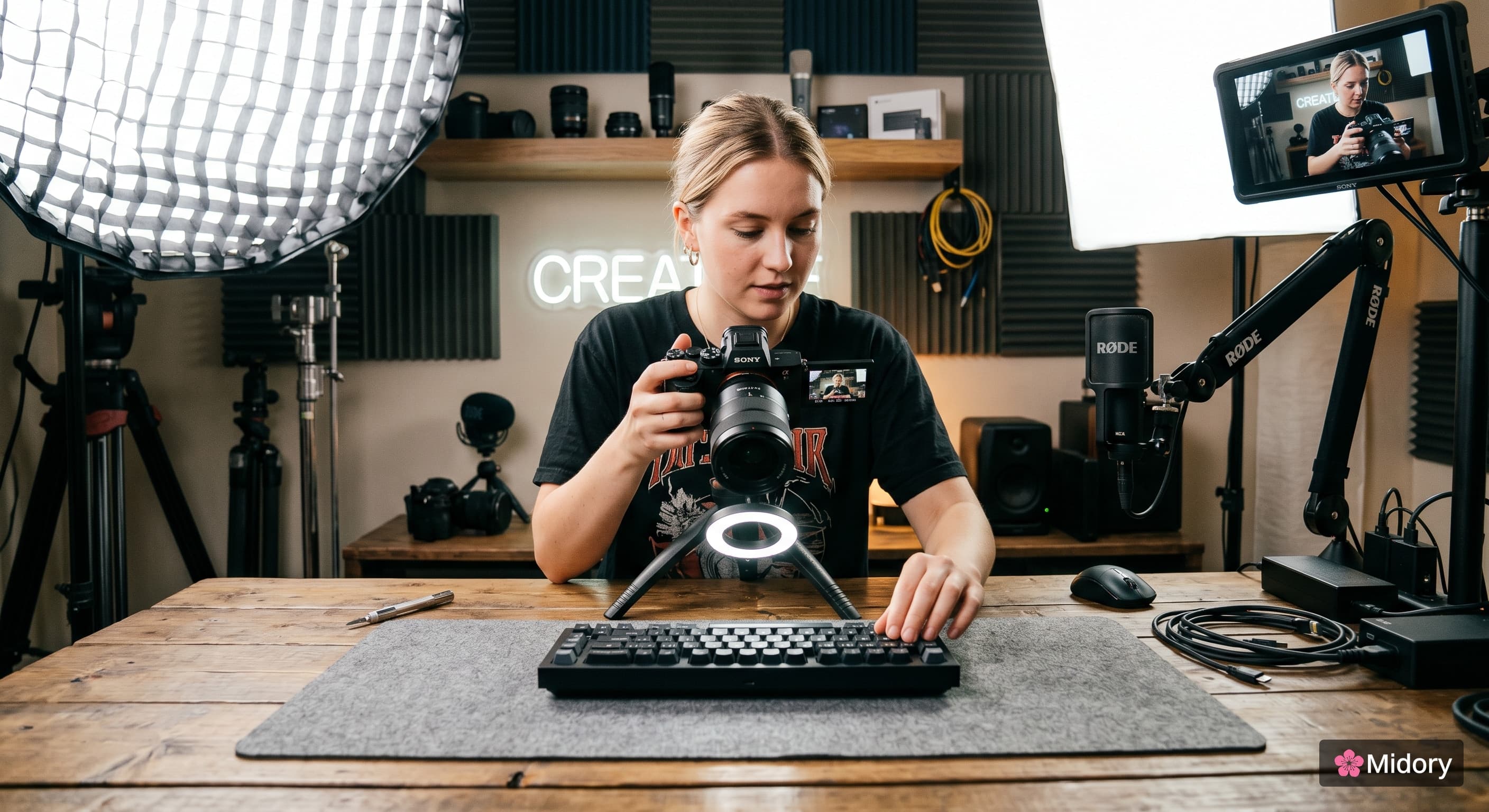 YouTuber filming a product close-up shot at a desk with studio lighting